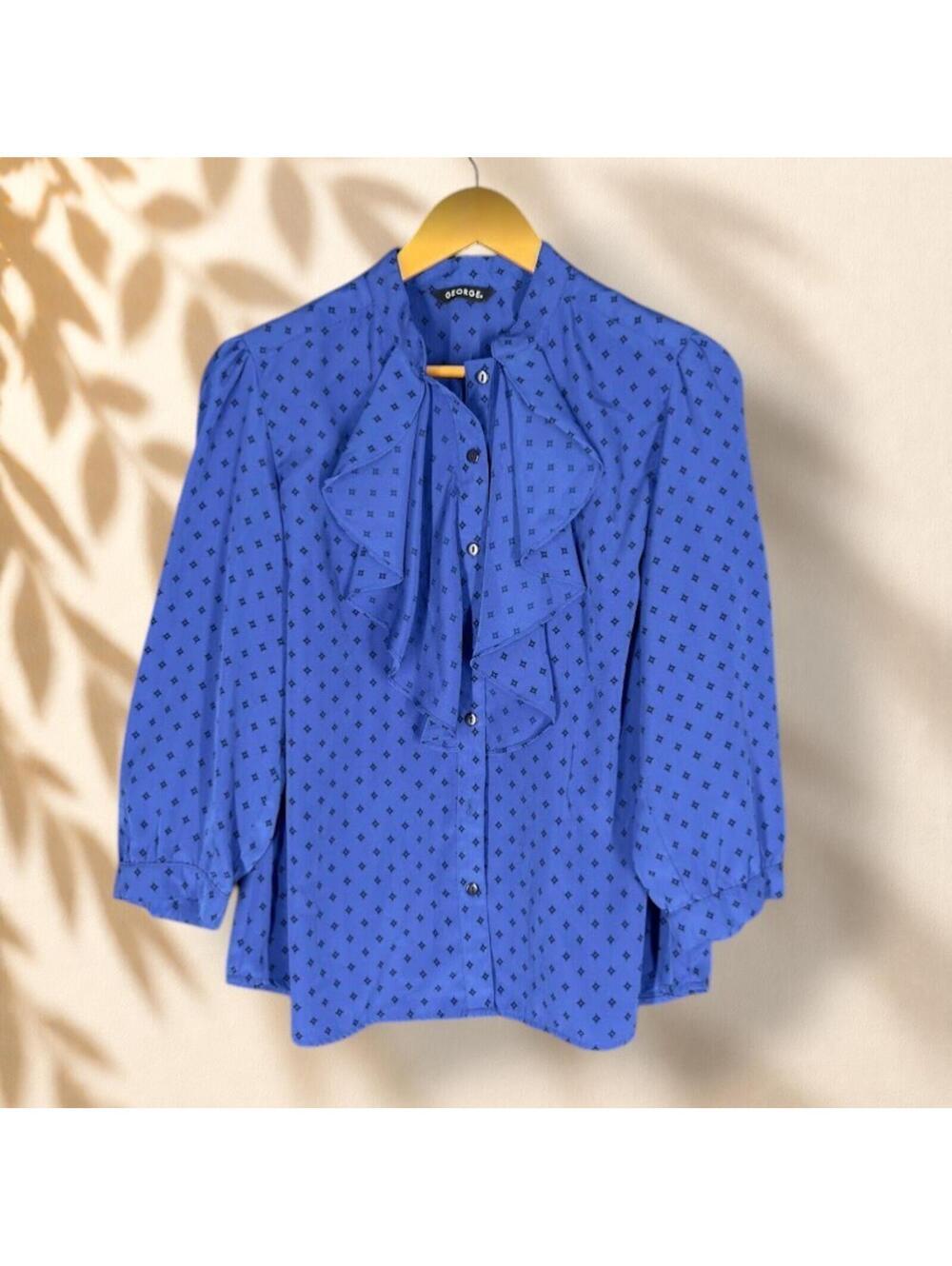 George Button Up Top Women M Medium Blue Geometric Long Sleeve Ruffle Casual